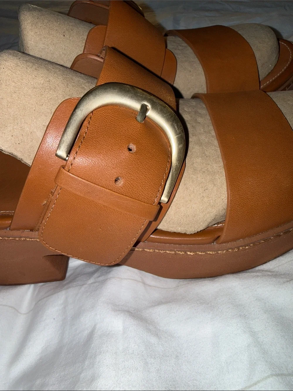 Fitflop Brown Platform Slide Sandals with Gold Buckle
